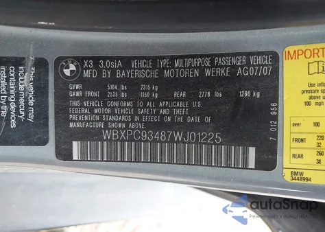 2007 BMW X3 3.0Si z USA, uszkodzony, nr VIN WBXPC93487WJ01225